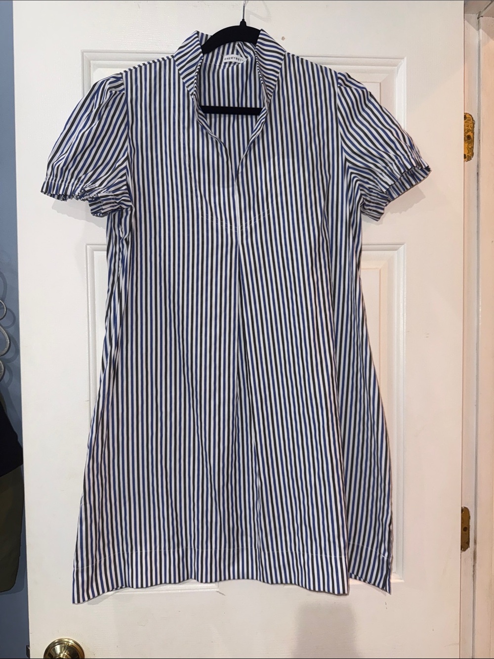 Blue and White Striped Short Sleeve Shirt Dress